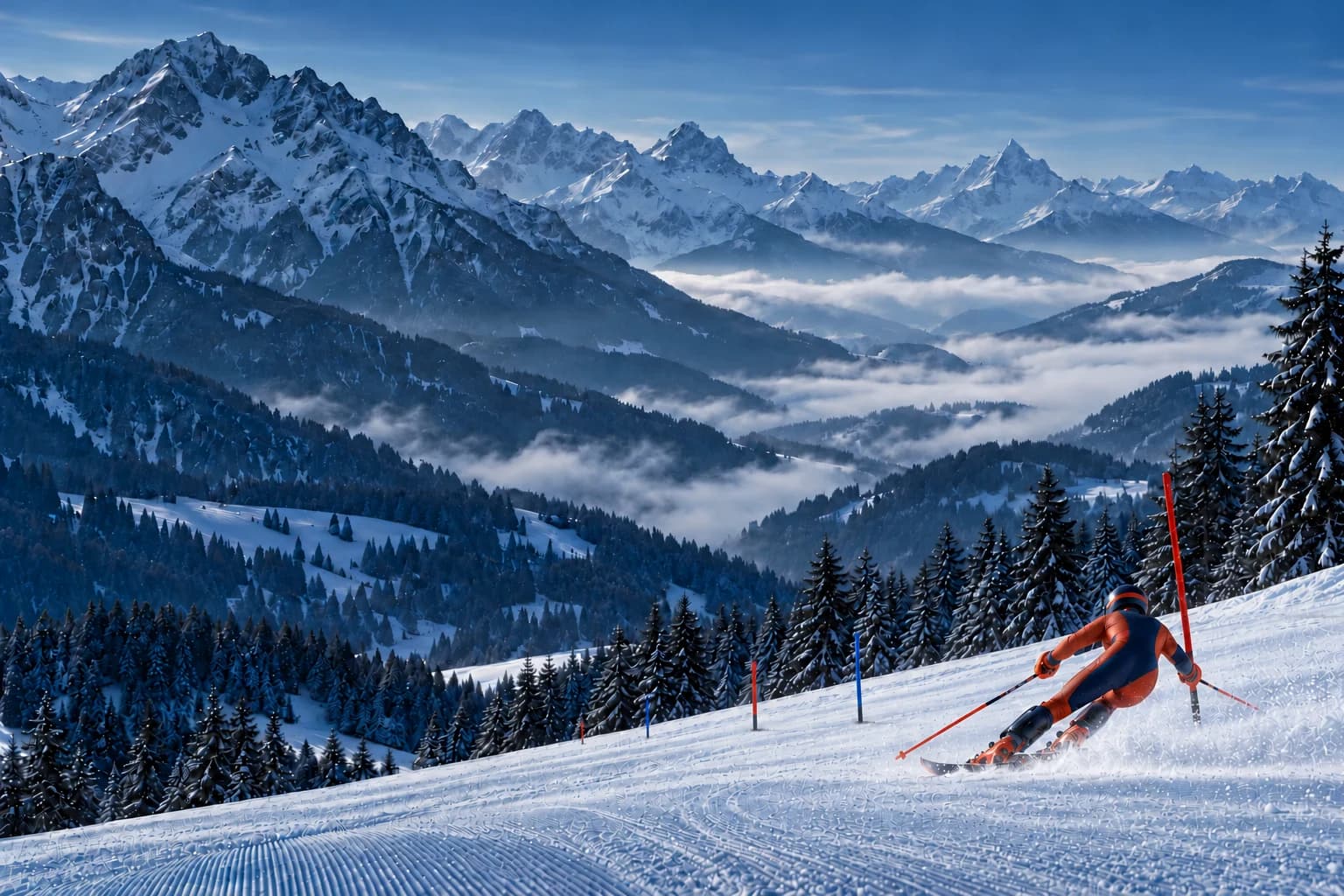 A slalom racer in a racing suit and protective gear carving beneath alpine peaks